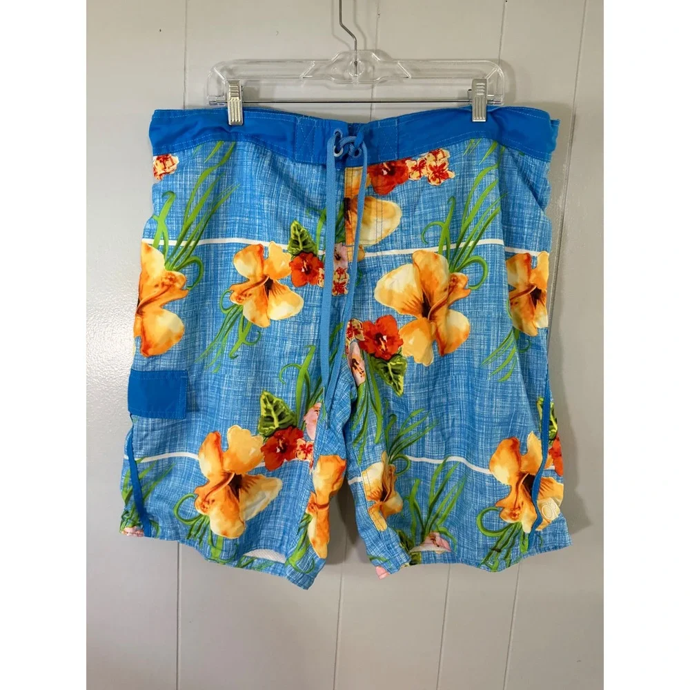 OP Board Shorts Mens L Blue Tropical‎ Hibiscus Floral Mesh Lined Swim Trunks